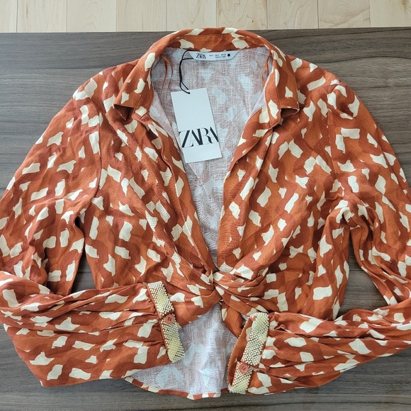 Zara Linen Blend Printed Top in Terracotta With Sequins Beads Sleeves Size S - Picture 7 of 16